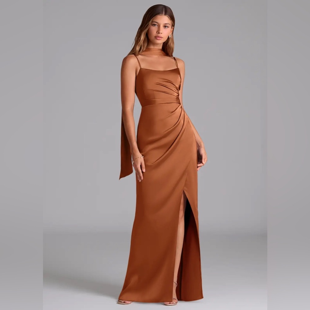 Azazie Calandra Copper A-Line Pleated Stretch Satin Dress - Picture 2 of 7